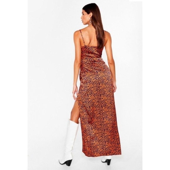 Nasty Gal Cheetah Print Satin Blue Orange Cowl Neck Maxi Dress EUC Size - 4 - Picture 6 of 10